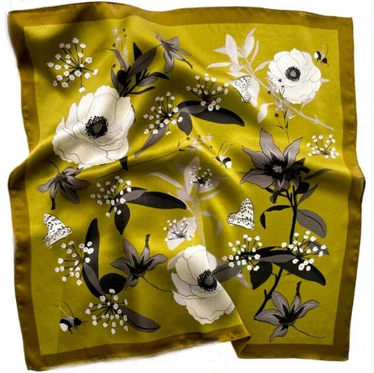 Silk Square Scarf 53×53 cm – Yellow Floral Print | White Flowers & Black Leaves - Scarves4you