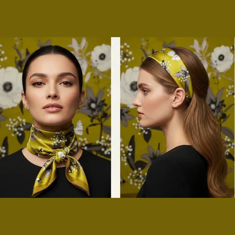 Silk Square Scarf 53×53 cm – Yellow Floral Print | White Flowers & Black Leaves - Scarves4you