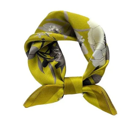 Silk Square Scarf 53×53 cm – Yellow Floral Print | White Flowers & Black Leaves - Scarves4you