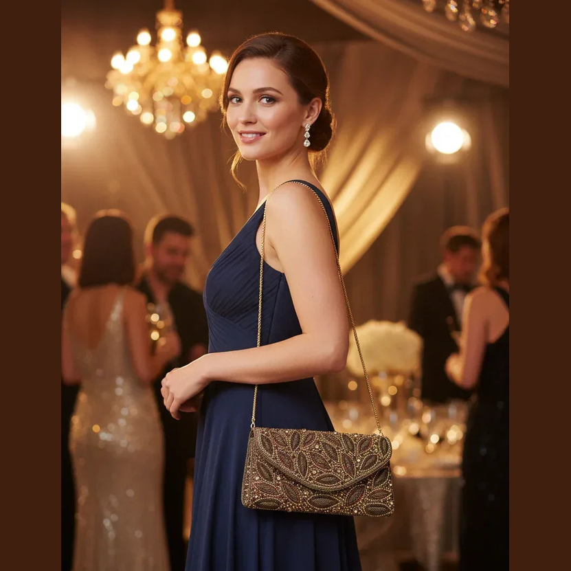 Gold Leaf Beaded Clutch Bag - Vintage Evening Purse - Scarves4you