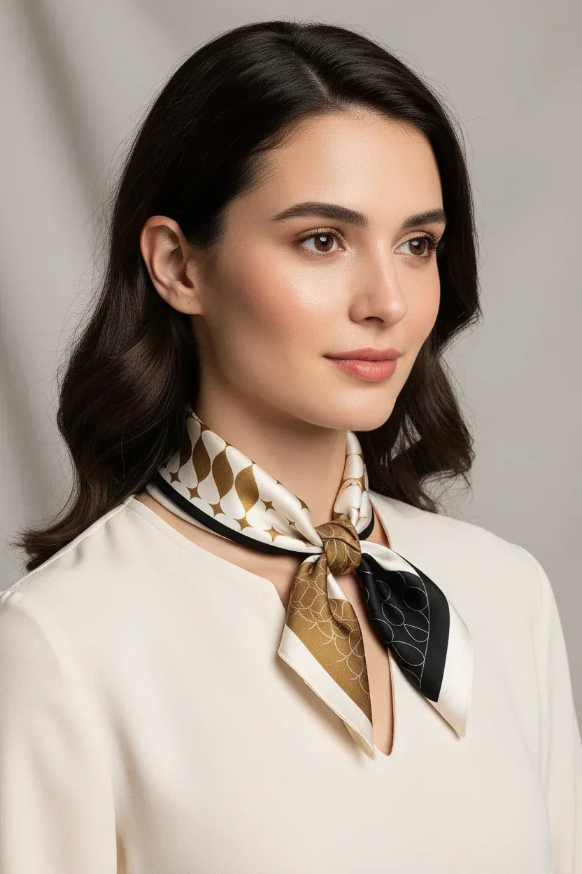 53x53 cm Mulberry Silk Geometric Scarf | Black White Gold | Luxury Square Scarf | Women's & Men's Neckerchief - Scarves4you