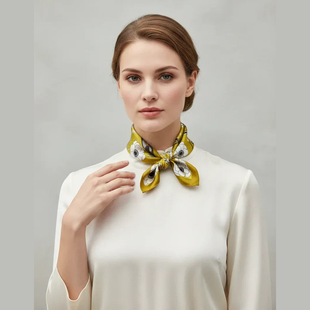 Silk Square Scarf 53×53 cm – Yellow Floral Print | White Flowers & Black Leaves - Scarves4you