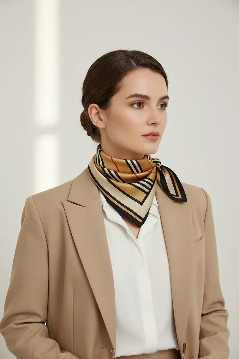 Silk Square Scarf 53×53 cm – Beige Striped Print | Minimalist Design - Scarves4you