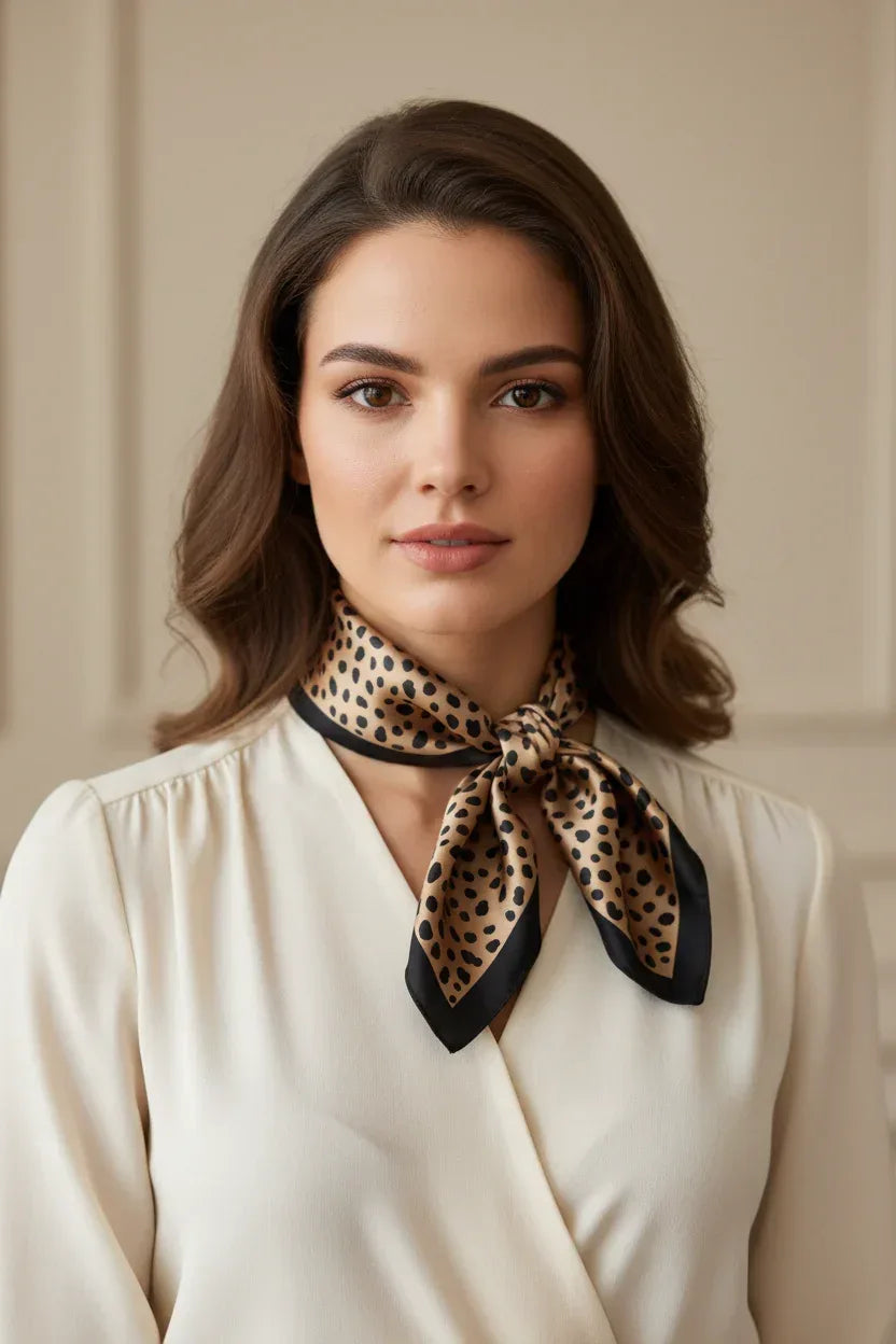 Silk Square Scarf 53×53 cm – Leopard Print with Black Border | Animal Print Bandana - Scarves4you