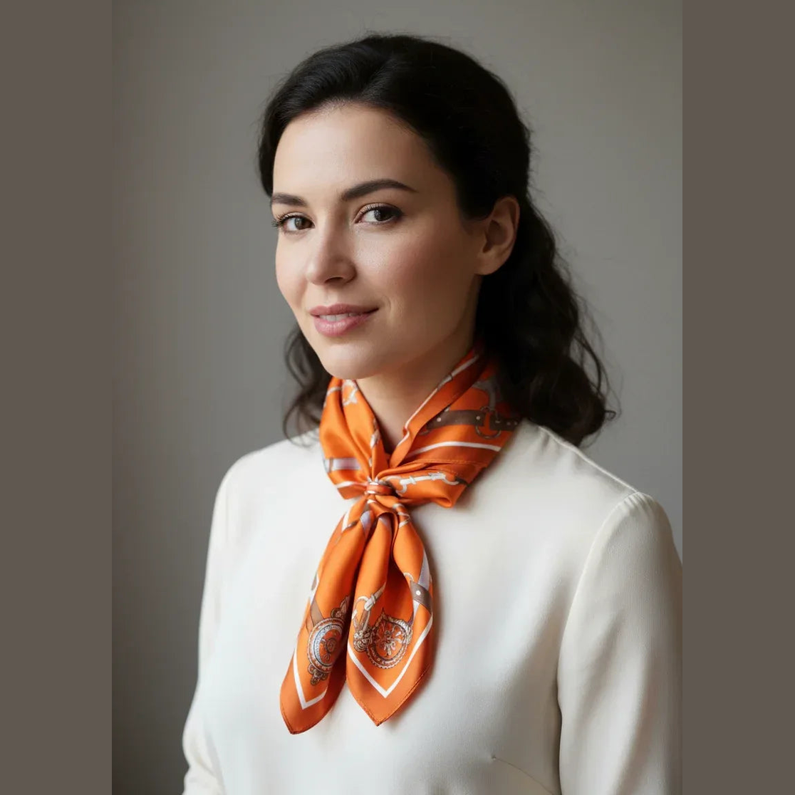 Silk Square Scarf 90×90 cm – Orange Equestrian Print | Belt & Chain Pattern - Scarves4you