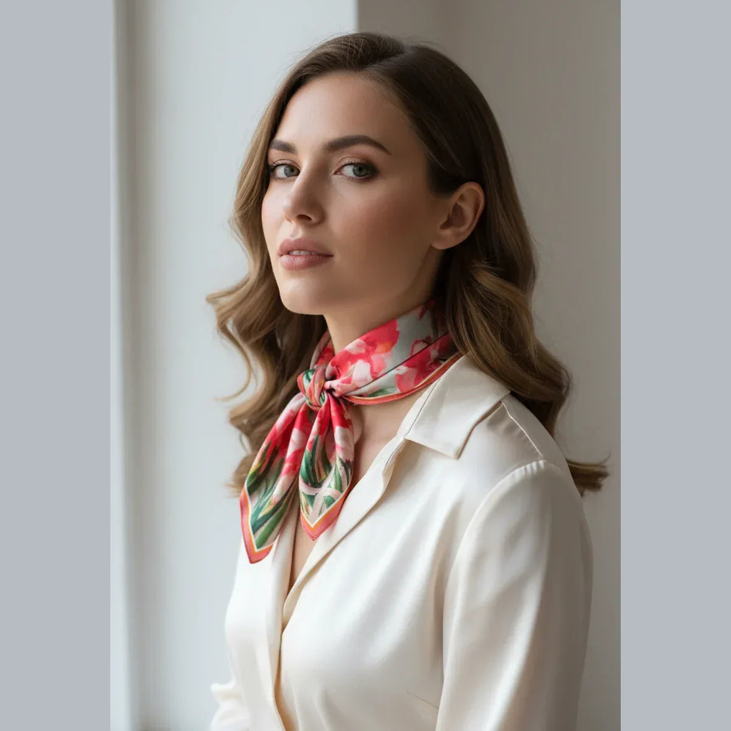 Silk Square Scarf 53×53 cm – Hand-Painted Red Flowers | Watercolor Floral Art - Scarves4you