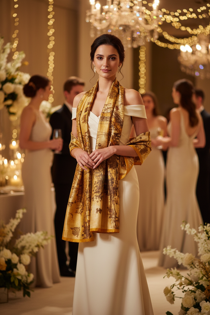 Silk-feel oriental stole wrapped around neck and shoulders - wedding celebration formal dinner - 180cm luxury wrap