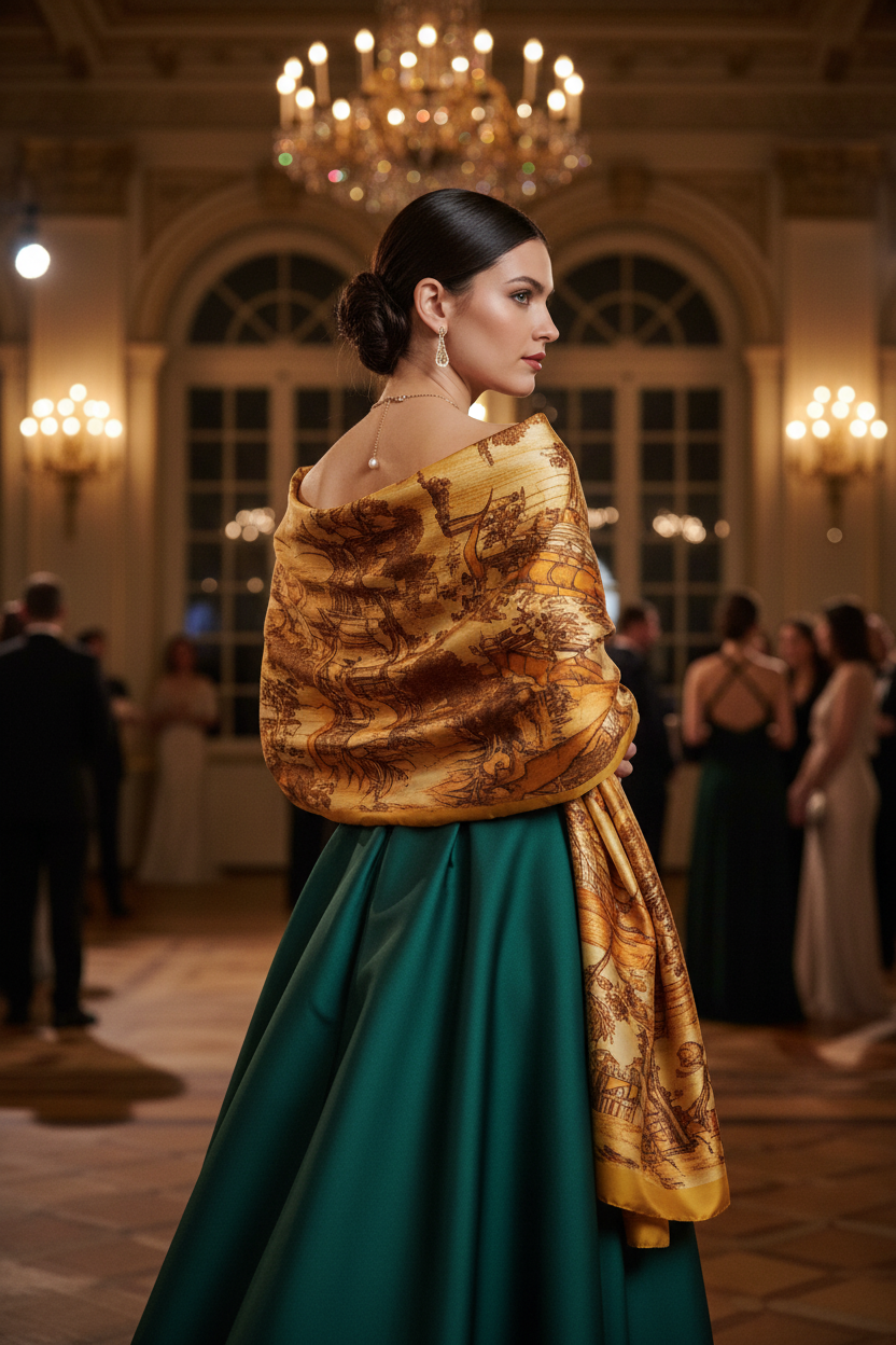 Sophisticated woman at gala with oriental motif stole