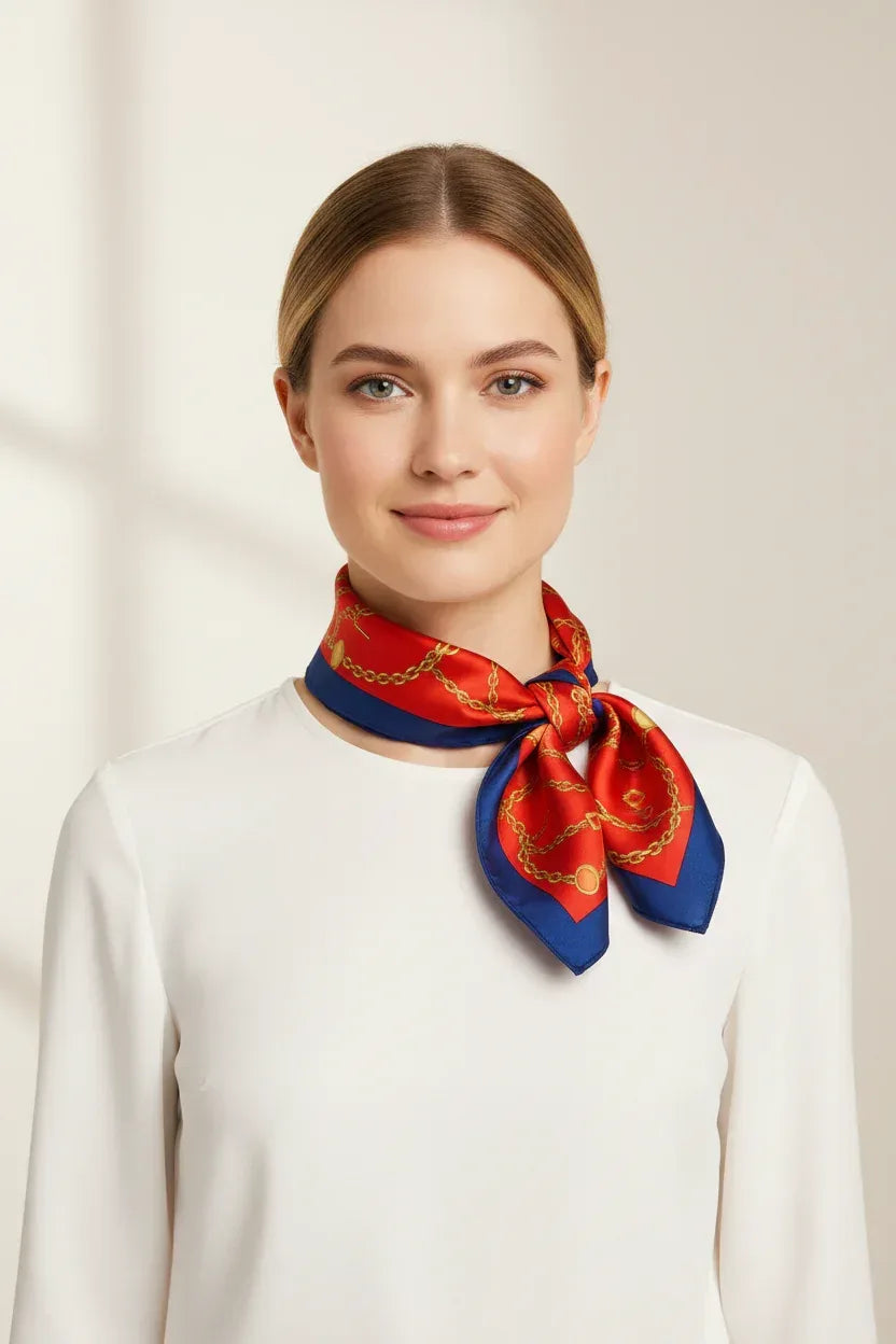 Silk Square Scarf 53×53 cm – Red Chain Print | Blue Border Bandana - Scarves4you