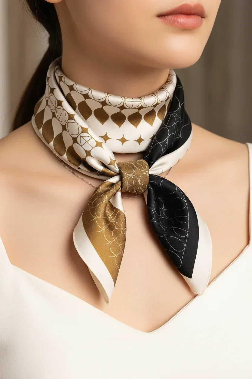 53x53 cm Mulberry Silk Geometric Scarf | Black White Gold | Luxury Square Scarf | Women's & Men's Neckerchief - Scarves4you