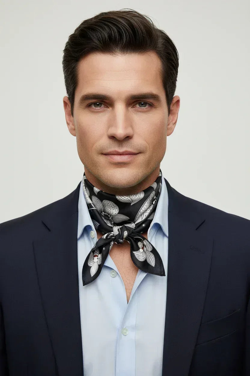 53x53 cm Mulberry Silk Orchid Scarf | Black & White | Luxury Square Scarf | Women's & Men's Neckerchief - Scarves4you