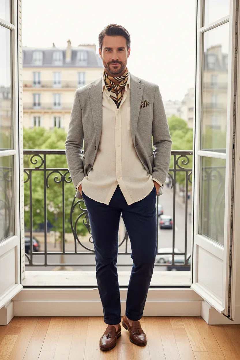 Silk Square Scarf 53×53 cm – Beige Striped Print | Minimalist Design - Scarves4you