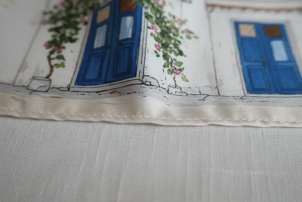 53x53 cm Mulberry Silk Mediterranean Village Scarf | Blue White | Luxury Square Scarf | Women's & Men's Neckerchief - Scarves4you