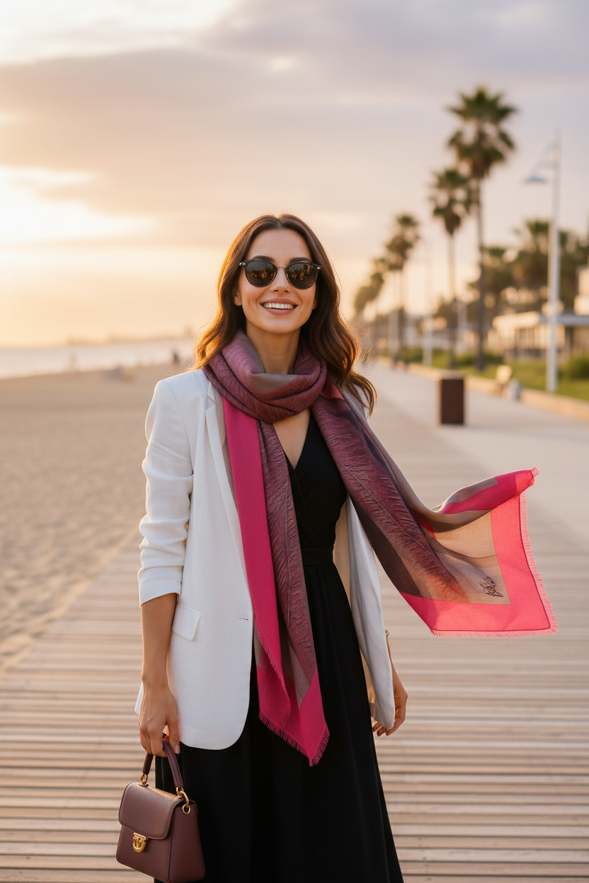 Woman at beach promenade with pink grey feather stole