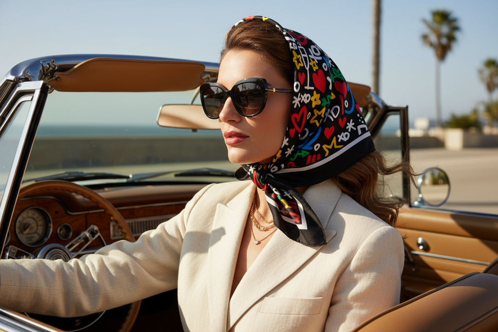 Woman in convertible with scarf under chin
