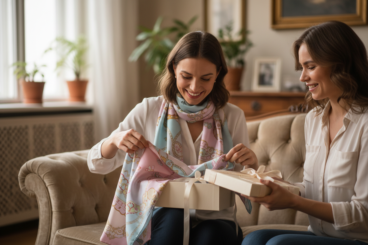 Woman unwrapping silk scarf gift with joy