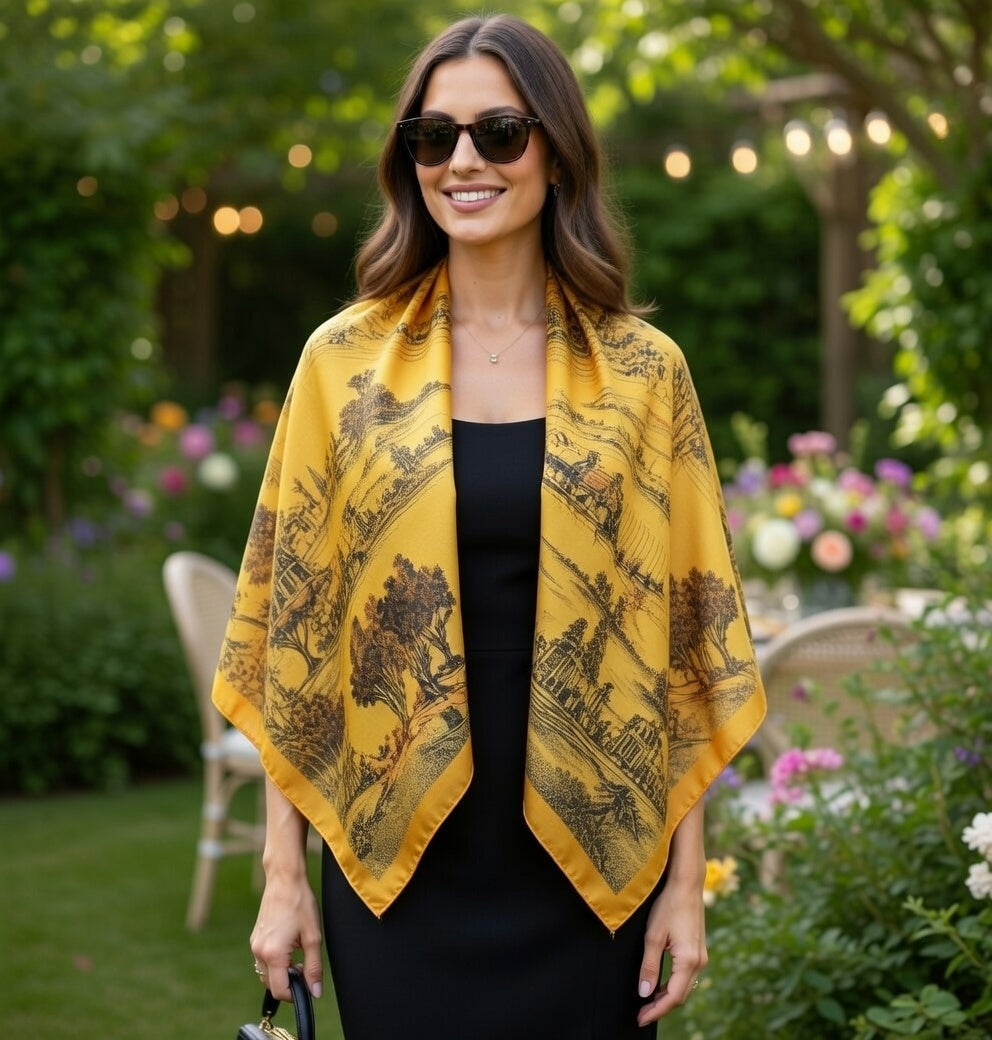 Woman wearing a yellow patterned scarf in a garden setting