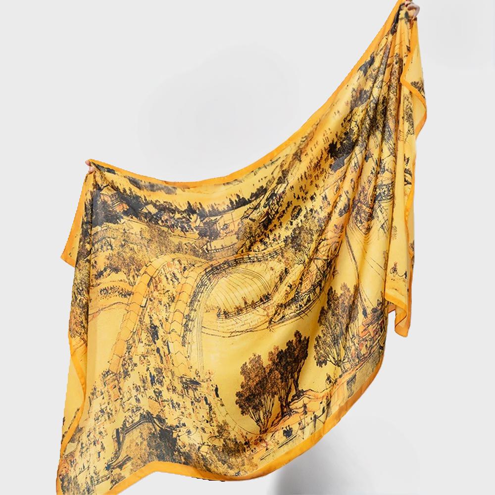 Yellow scarf with black pattern on a white background