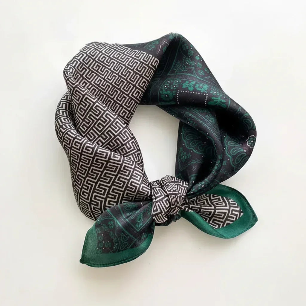 53x53 cm Mulberry Silk Ornamental Scarf | Dark Green Black | Greek Key Border | Luxury Square Scarf - Scarves4you