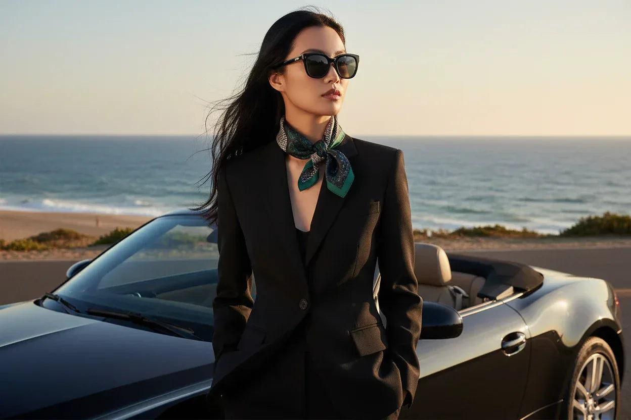 53x53 cm Mulberry Silk Ornamental Scarf | Dark Green Black | Greek Key Border | Luxury Square Scarf - Scarves4you