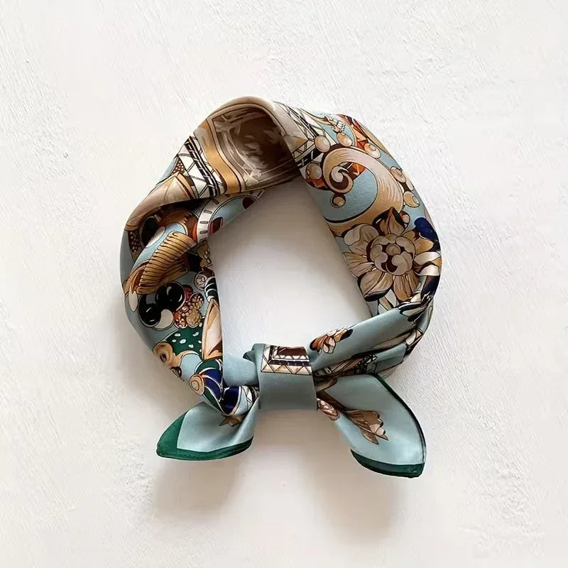 Mulberry Silk Square Scarf 53x53 cm - Turquoise Gold Baroque Ornate Design - Scarves4you